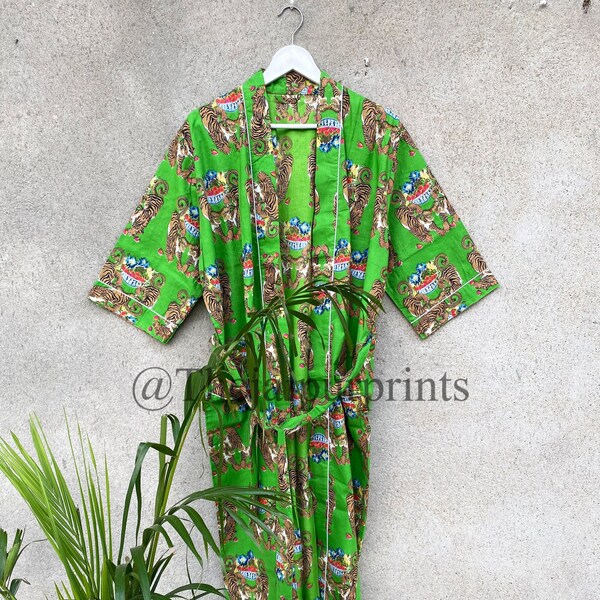 Cotton Kimono Robe: Tiger Print Summer Nightwear