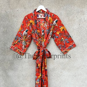 Orange Bird OFMD Print Soft Cotton Kimono Robe, Plus Size Robe, Bridesmaid Robe, Bridal Party Robe, Getting Ready Robe, Long Dressing Gown