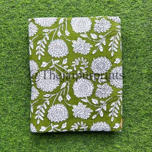 Green Floral Hand Block Printed Cotton Fabric, Indian 100% Cotton Fabric By The Yard, Sewing Cotton Material, Quilting & Dress Fabric