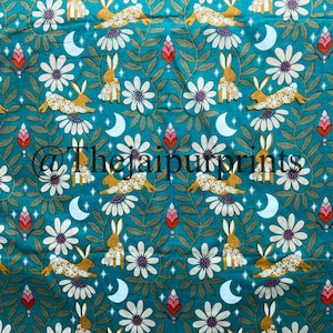 Bunny Rabbit, Moon, Flowers Printed Cotton Fabric, Dress Making Fabric, Sewing Fabric, Women&#39;s Clothing, Kids Clothing, Nursery Fabric