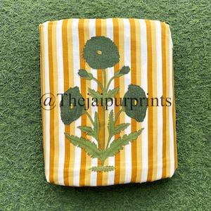 Soft Cotton Dress Making Fabric, Stripe Green Flowers Printed Fabric, Indian 100% Cotton Fabric By The Yard, Sewing Fabric, Running Fabric