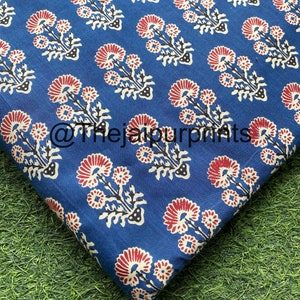 Blue Floral Indian Hand Printed 100% Pure Cotton Fabric, Sewing Fabric, Dress Material, Hand Block Print Apparel Fabric, Quilting Fabric