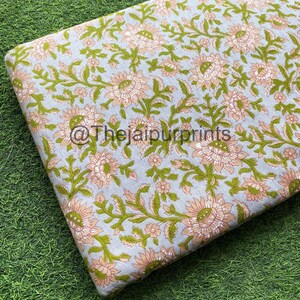 Gray Floral Indian Cotton Fabric, Hand Block Printed Sewing Fabric By The Yard
