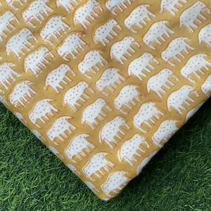 Yellow Mustard Elephant Print Fabric, Hand Block Indian Soft Cotton Fabric, Sewing And Dressmaking Fabric, Kid&#39;s Clothing Fabric By The Yard