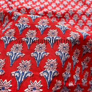 Red Flowers Print Indian Hand Block Print Cotton Fabric, Women's Dress Fabric, Handmade Fabric, Fabric By The Yard, Quilting, Upholstery