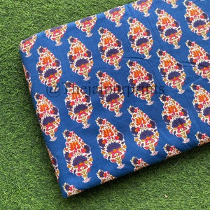 Blue Hand Block Cotton Fabric, Indian Hand Printed Floral Print Soft Cotton Fabric, Dressmaking Fabric, Apparel Fabric By The Yard
