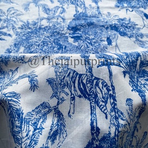 Wild Cats Safari Animals Digital Print Fabric Tropical Jungle Palm Flower Leaf Material Linen Look Fabric, Hand Dyed Print Dress Material