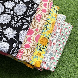 Multicolor Floral - Indian Hand Block Print Pure Cotton Fabric By The Yard, Hand Printed Sewing Fabric, Making Summer Women Dress Fabric