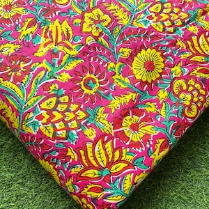 Pink Floral Indian Hand Printed Cotton Fabric, Fabric By The Yard, Cotton Dress Material, Sewing Fabric, Quilting Fabric, Craft fabric