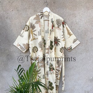 New Coconut Tree Print Soft Lightweight Cotton Kimono Robe, Beach Kimono, Women Dressing Gown, Summer Nightwear, Bathrobe, Gift For To BeMom
