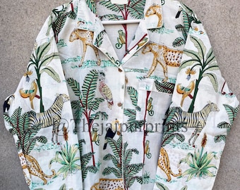 Indian Cotton Pajama Set: White Jungle Safari Print Summer Nightwear