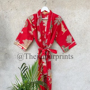 Red Cotton kimono Robes, Tree print Kimono, Soft and comfortable Bath robes, wrap dress, House Coat Robe light weight, Christmas Gift