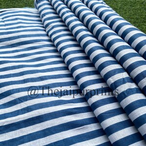 Blue & White Pure Cotton Stripes Fabric, Fabric By The Yard, 100% Cotton Soft Voile Fabric, Light Weight Jaipuri Print Running Fabric