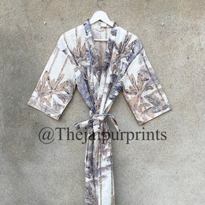 Blue Palm Tree Print Hand Printed 100% Cotton Kimono Robe, Robes For Women, Bride Robe, Japanese Kimono, Soft And Comfortable Kimono Robe