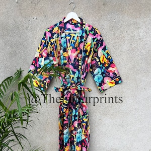 New Multicolor Mushroom Print Kimono, Indian Cotton Kimono Robe, Bridesmaid Robe, Nightwear Robe, Women's Dressing Gown, Summer Bathrobe