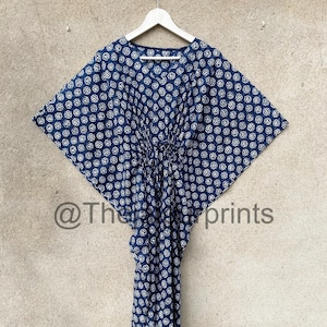 Indigo Blue Hand Block Printed 100% Pure Cotton Kaftan Dress, Beach Cover Up, Long Kaftan For Women's, Plus Size Maxi Dress, Boho Dress