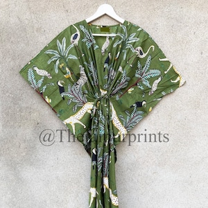 Green Animal Print Soft Cotton Kaftan Dress, Indian Kaftan, Long Dressing Gown, Beach Cover Up, Kaftan For Women's, Bridal Party Kaftan