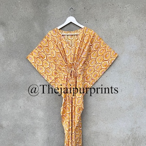Yellow Floral Indian Cotton Women&#39;s Kaftan, Handmade Summer Kaftan, Dressing Gown, Sleepwear Caftan, Beach Cover Up, Loungewear Dress