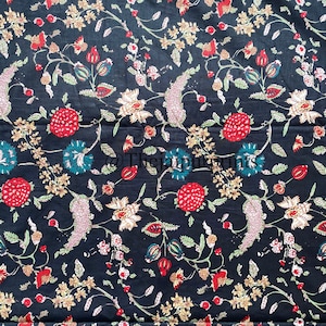 New Black Floral Hand Printed 100% Pure Cotton Fabric By The Yard, Craft And Quilting Fabric, Sewing Dressmaking Fabric, Hand Printed Fabric