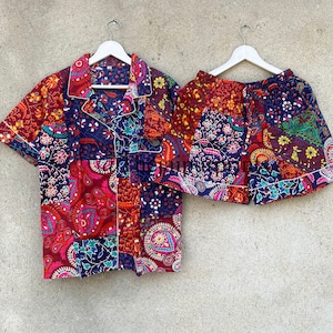 Beautiful Patchwork Design Print Cotton Pajama Set, Short Pant and Shirt Set, Women&#39;s Pajama, Home Wear Dress, Wedding Party Pajama Shorts