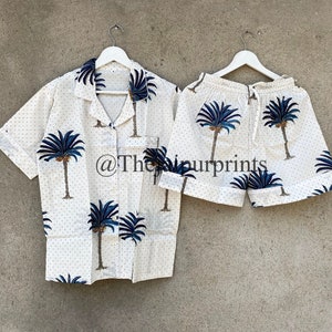 Palm Tree Print Cotton Pajama Set, Shorts Pajama Set, Women&#39;s Short Pj Set, Bridesmaid Pajama, Lounge Set, Hippie Pajama Set Valentine Gift