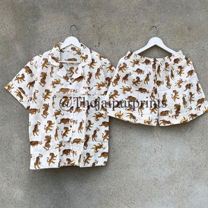White Animal Print Pajama Shorts, Handmade Cotton Pajama Shorts, Shorts Pj Set, Comfortable Nightwear, Summer Night Dress, Gift For Her