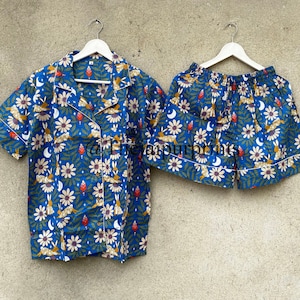 Bunny Rabbit Print Cotton Pajama Shorts, Indian Cotton Pj Set, Bridesmaid Pajama, Nightwear Dress, Womens Pajama Set, Short And Shirt Set