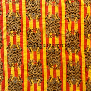Yellow Tiger Print Indian Handmade Hand Printed Velvet Fabric, Sewing Fabric, Upholstery Fabric, Fabric By The Yard, Winter Clothing Fabric
