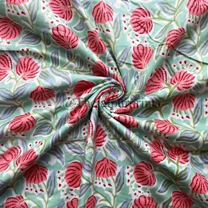 Cotton Pink and Red Indian Floral Hand Block Printed 100% Pure Cotton Cloth, Fabric by the yard, Lamp shade Curtains Pillows Duvet Cover