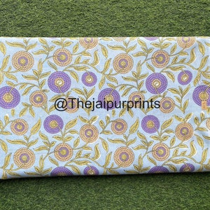 Light Sky Blue Floral Printed Fabric, Pure Cotton Fabric, Indian Hand Block Print Fabric By The Yard, Dress Making Fabric, Fabric For Quilt
