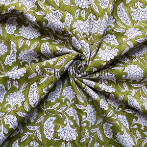 Green Floral Hand Block Printed Indian Cotton Fabric: Sewing & Clothing