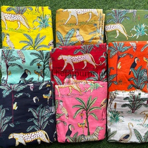 Safari Jungle Animal Print 100% Cotton Fabric, India Jungle Scene Stunning Lot Color With Leopards, Zebras, Cranes, Fabric, Forest Fabric