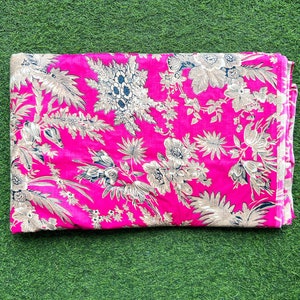 Pink Floral Print Cotton Fabric, Indian Hand Printed Cotton Fabric, Sewing Fabric, Quilting Fabric By The Yard, Dress Material