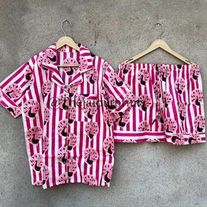 White And Pink Stripe Print Cotton Pajama Shorts, Bird Print Pj Shorts, Bridesmaid Shorts, Pajama Set Women&#39;s, Women&#39;s Shorts