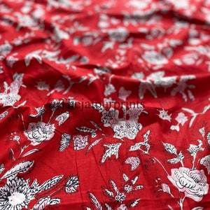 New Red Floral Indian Cotton Fabric, Cotton Fabric By The Yard, Fabric For Summer Dress, Block Printed Cotton Womens Clothing, Sewing Fabric