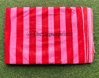 Pink And Red Stripes Fabric Indian Cotton Fashion Sewing Fabric, Dressmaking Block Print 100% Cotton Running Fabric, Striped Voile Fabric