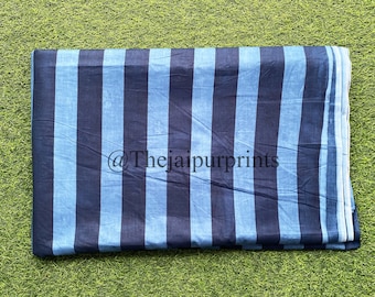 Tela de algodón indio a rayas azules: Estampado a mano con bloques, 1 yarda.