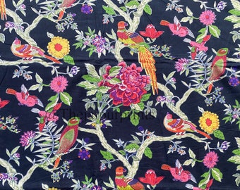 Tecido de algodão com estampa floral de pássaros, algodão indiano macio, para costura e patchwork.