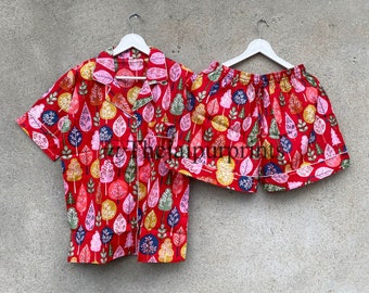 Red Leaf Cotton Pajama Set: Floral Women's Loungewear
