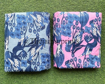 Tecido de algodão com estampa de pássaros: material para costura e patchwork indiano estampado à mão