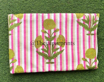 Green Floral Print Cotton Fabric: Indian Stripe Block Print