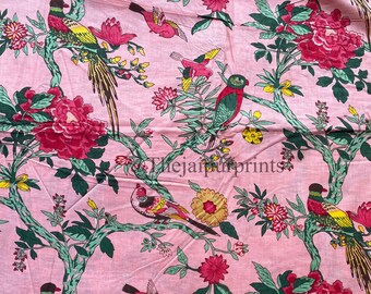 Hand Block Print Cotton Fabric: Bird & Floral Design, Indian Fabric By The Yard