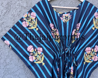 Indigo Floral Cotton Kaftan, Beach Cover Up, Sleepwear