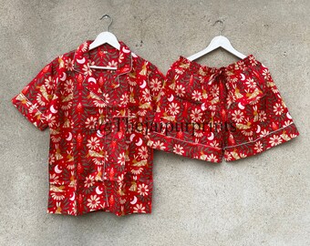 Red Floral Rabbit Print Cotton Pajama Set: Short Sleeve Loungewear