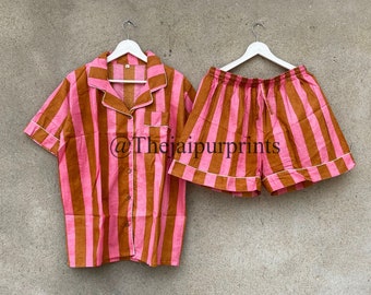 Stripe Print Shorts, Indian Hand Block Print Cotton Pajama Shorts, Beach Wear Pajama, Matching Holiday Pajama Set, Women's PJ Set, Gift Pjs
