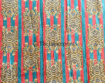 Animal Hand Printed Velvet Fabric, Purple and Red Tiger, Upholstery Fabric