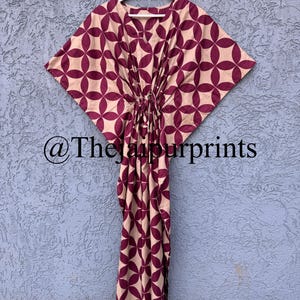 Handmade Block Print Kaftan - 100% Cotton Long Caftan, Drawstring Waist Maxi Dress, One Size