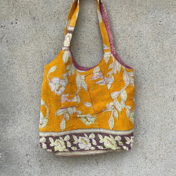 Orange - Kantha Work Block Print Cotton Shoulder Bag main image 1