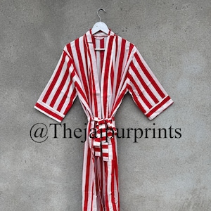 New Beautiful Red And White Stripe Print Cotton Kimono Robe, Light Weight Soft Comfortable Robe, Women&#39;s Kimono, Beach Cover Up, Summer Robe