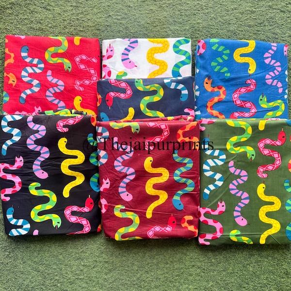Indian Hand Block Snake Print Fabric, 100% Soft Cotton Dress Material, DIY Quilt & Apparel